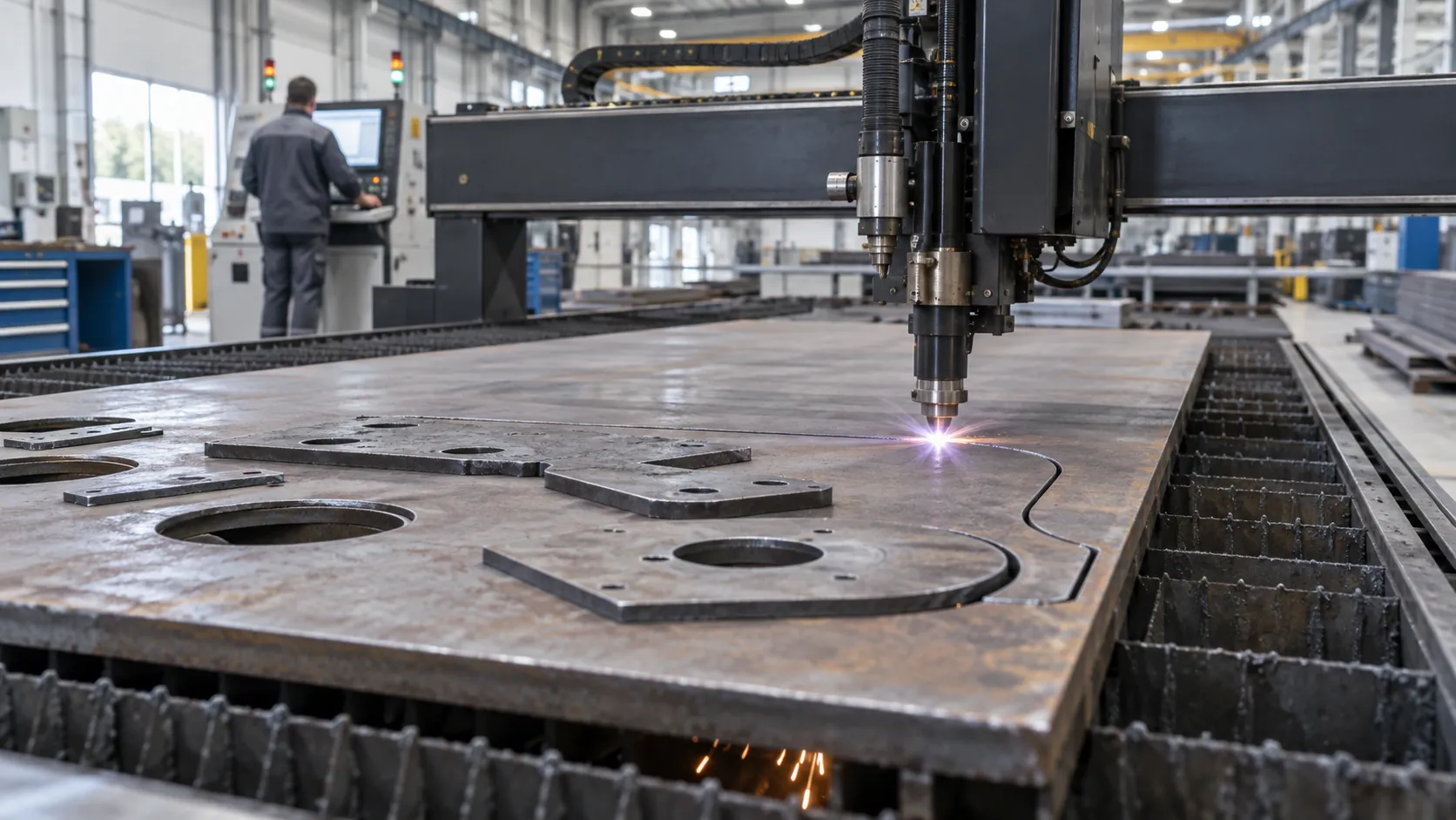 Mesa de corte por plasma CNC cortando piezas en chapa gruesa